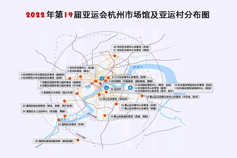 2020年第19屆亞運會杭州市場館及亞運村分布圖