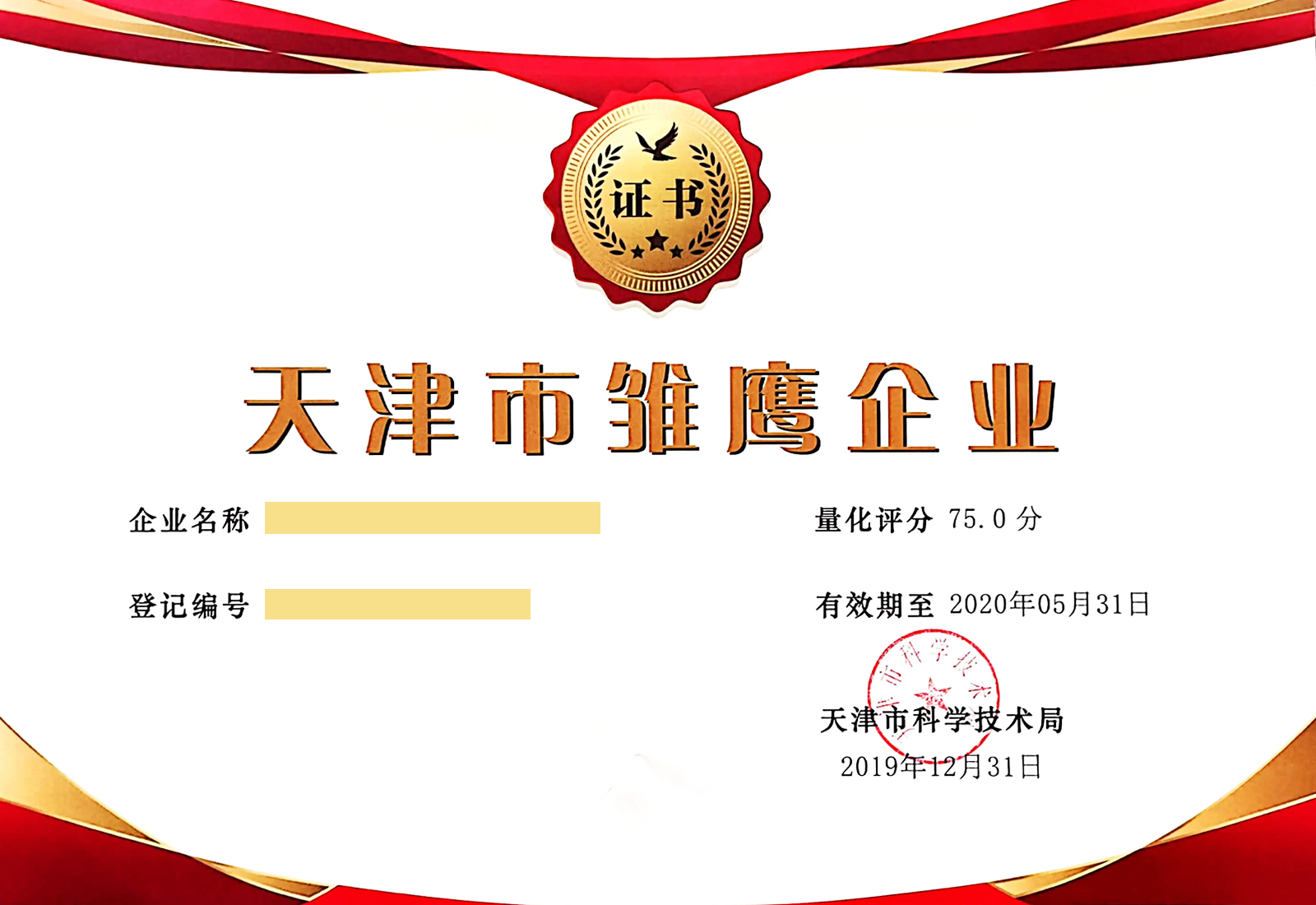 天津市雛鷹企業證書樣板