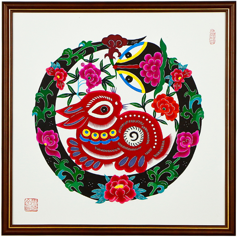 蛇盤兔剪紙裝飾畫